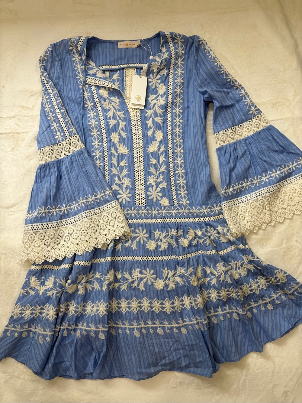 Tory Burch Light Blue Embroidered Dress with Cream Lace Trim